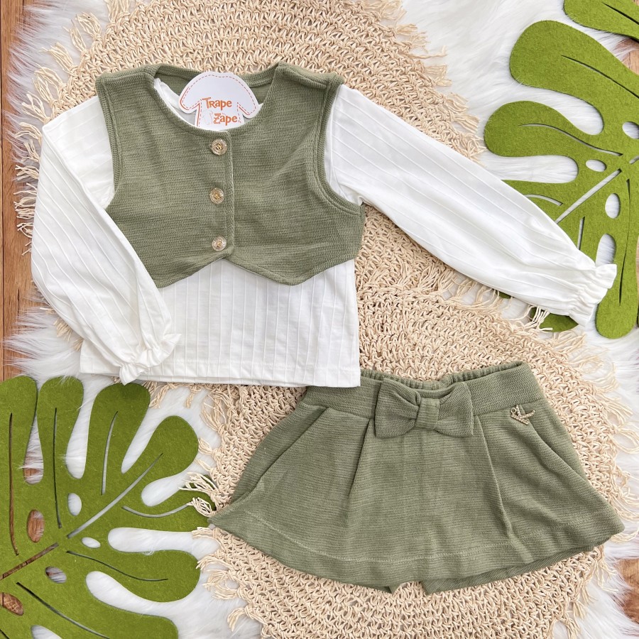 Conj. Colete com Botões, Blusa Manga Longa e Short Saia com Laço - Verde Oliva 